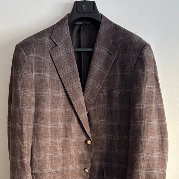$2000 Canali Brown Plaid Check Tweed Linen Wool Sport Coat / Blazer - 46 - Picture 1 of 12
